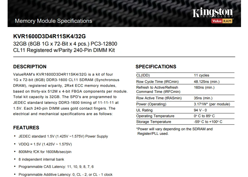 Оперативная память kingston REG ECC DDR3 4 ГБ 8 ГБ 16 ГБ 1333 МГц 1600 МГц 12800R ECC CL9 240pin 1,5 V PC3-10600 DIMM работает только на серверах