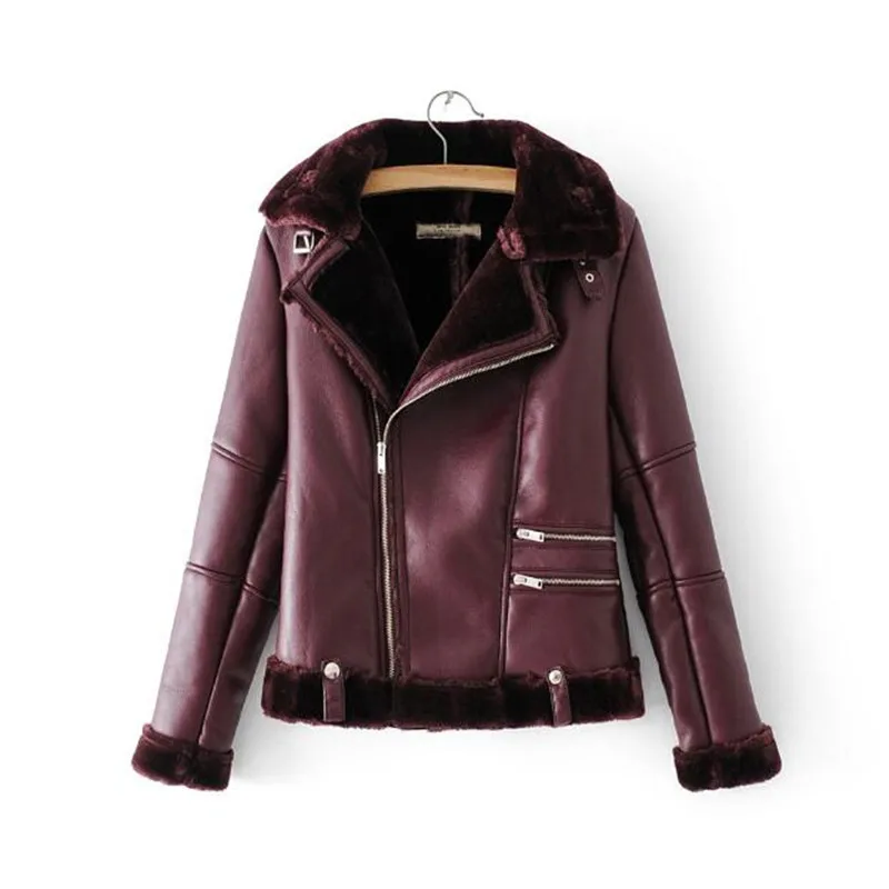 Women Fur Coat Winter Leather Jacket Women Lamb Fur Short Motorcycle Faux Sheepskin Shearling Streetwear Biker Motorcycle Coats - Цвет: Red wine