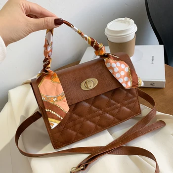 

2020 Retro Lattice Pattern Women Small Shoulder Bags Silk Scarf Handle Tote Bag Female PU Leather Solid Color Hasp Crossbody