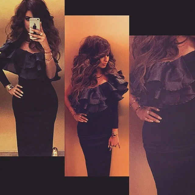 Robe De Soiree 2015 Zwarte Arabische Jurk Een Schouder Tiers Formele Avondjurken Lange Mouwen Mermaid Avondjurk Robe De Soiree 2015 Zwarte Arabische Jurk Een Schouder Tiers Formele Avondjurken Lange Mouwen Mermaid Avondjurk