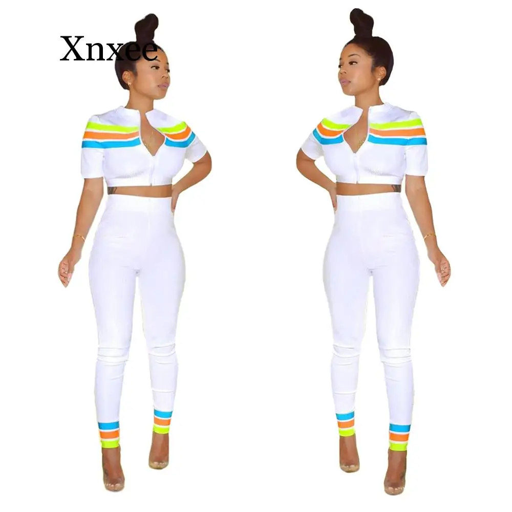

Winter Women Sets Striped Print Full Sleeve Top Pants Suits Two Piece Set Casual Tracksuits Fitness Outfits Sporty rainbow sport
