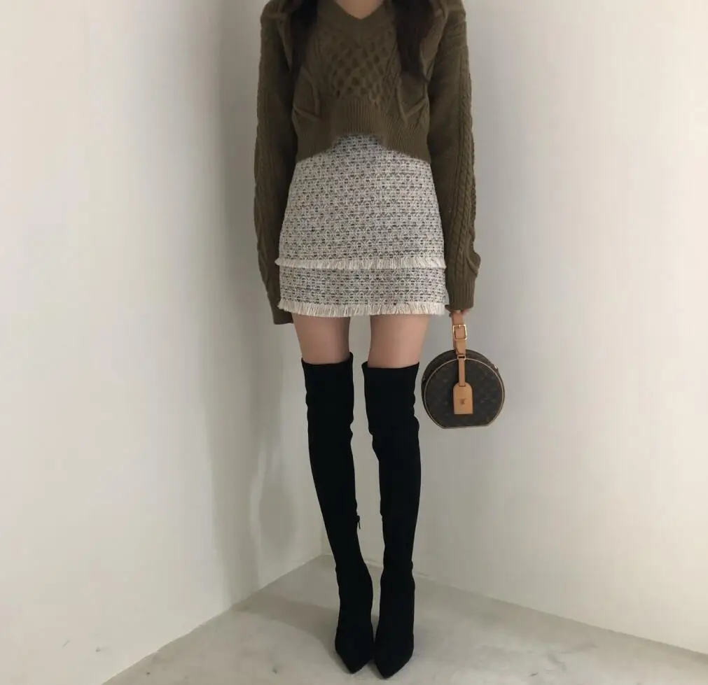 M Skirt Свитер с v-образным вырезом, Женский пуловер, теплый, с высокой талией, со шнуровкой сзади, толстый свитер, зима, женский свитер, корейский свитер - Цвет: M Skirt