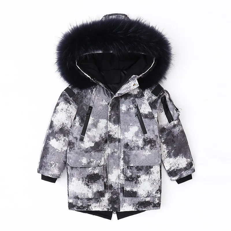 Одежда года для мальчиков и девочек, длинный толстый пуховик, пальто камуфляжная зимняя верхняя одежда для подростков, меховые куртки с капюшоном, От 6 до 14 лет