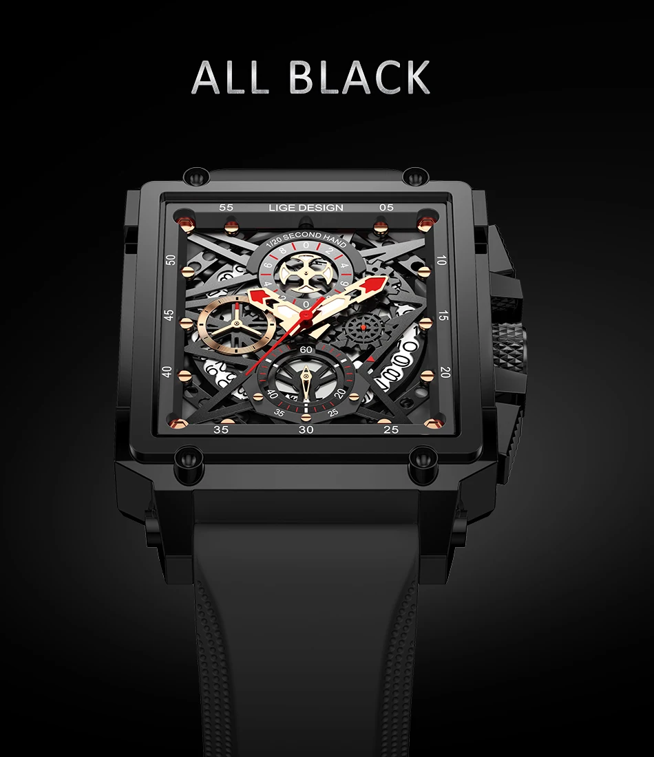 New LIGE Men Watches Top Brand Luxury Hollow Square