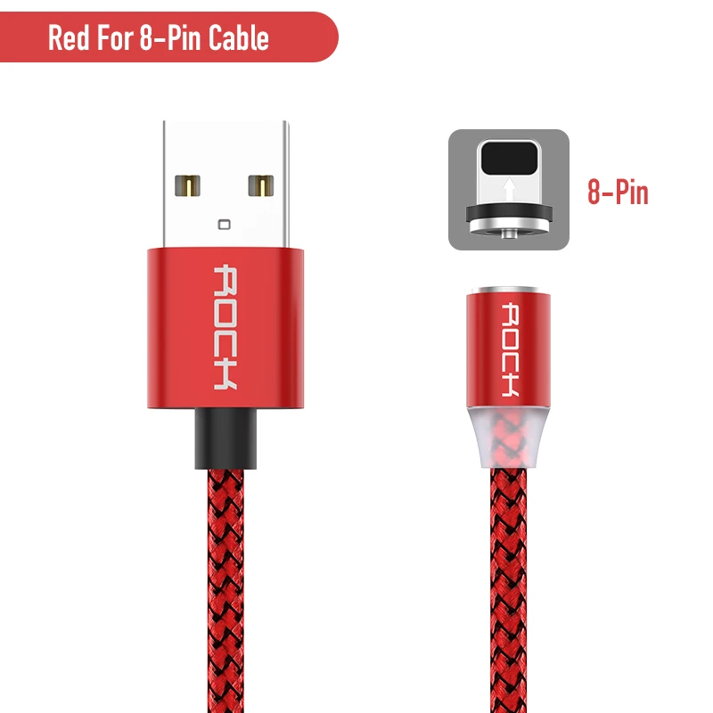 Red For iPhone Магнитный кабель ROCK для быстрой зарядки с разъемом type-C Micro Usb для быстрой зарядки Usb C светодиодный светильник для iPhone Xiaomi huawei Phone 1 м магнитное зарядное устройство - Цвет: Red For iPhone