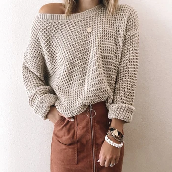 

Knit One-shoulder Sweater Solid Women's Long-sleeved Autumn and Winter Sweater Loose Casual Ladies All-match Long Tops for women