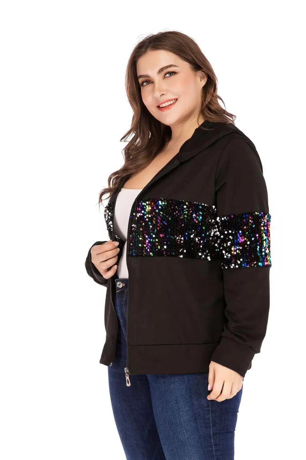 buy  Autumn winter plus size jacket for women large casual loose long sleeve sequin zipper sport short c