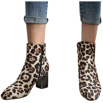 

Ankle Boots Leopard Print Square Head High-Heeled Retro Boot Women Pu Boots Ankle Shoe Pointed