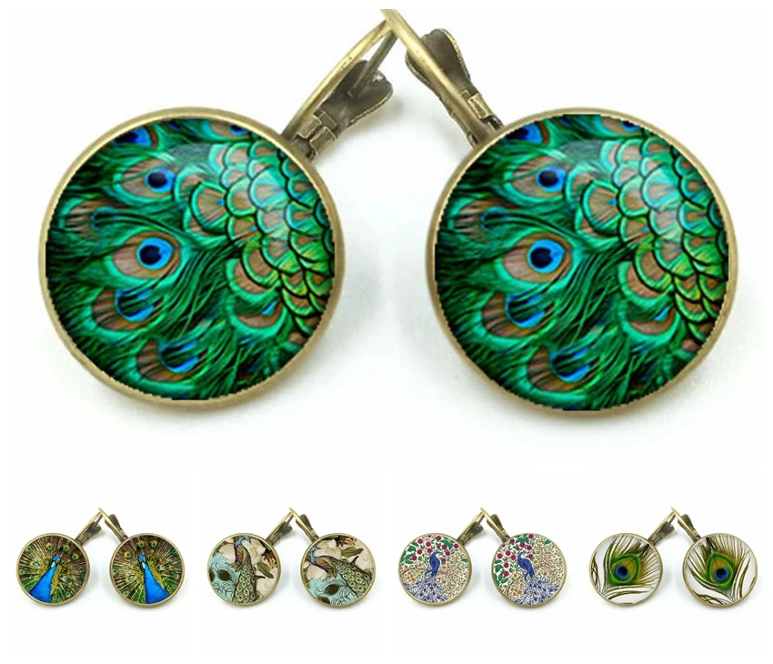 Peacock Feather Bohemian Stud Earrings Ethnic Round Glass Dome Pendant for Women | Украшения и аксессуары
