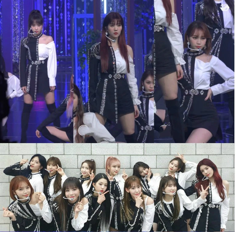 

Kpop Korean Singer Concert Performance Strapless Splice long sleeve shirt tops+black sexy slim skirt shorts women 2 piece set
