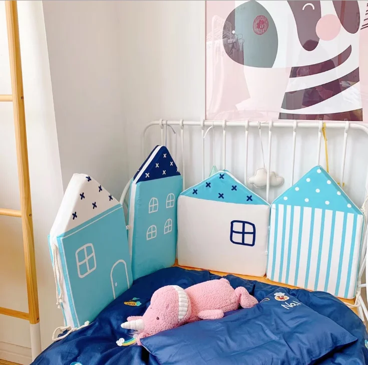 Little House Pattern Crib Protection Infant Cot Newborn Bedding Baby Bed Bedding 4pcs Baby Bed Bumper - Цвет: blue