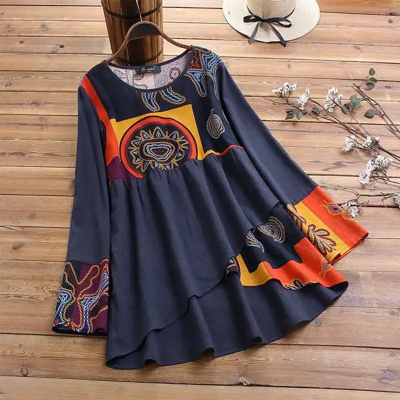 Blusas Топ ZANZEA Весенняя хлопковая блуза Винтаж с цветочным принтом в стиле пэчворк Рубашки Для женщин туника с длинными рукавами Топы, Женская сорочка - Цвет: Синий