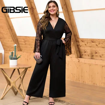 

GIBSIE Plus Size Lace Flare Sleeve V-Neck Belt Jumpsuit Women Long Black Elegant Office Lady High Waist Wide Leg Jumpsuits