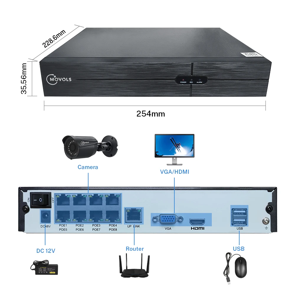 Камера видеонаблюдения Movols H.265 PoE NVR 4/8 каналов HD 1080P 5 Мп IP 48 В RJ45 облачный сервис