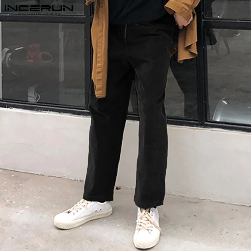 INCERUN, корейские мужские однотонные вельветовые Модные штаны, повседневные мужские эластичные брюки, джоггеры, уличная одежда, мешковатые спортивные штаны