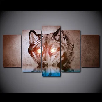 

5 Panel Abstract Eyes Glow Wolf Head Painting Modern Living Room Wall Decor Modern Canvas Painting
