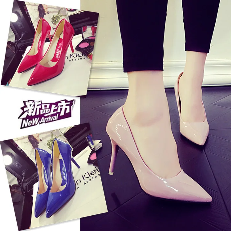 

Autumn New Style Pointed Shoes High Heel Shoes Semi-high Heeled Low-Cut Patent Leather Thin Heeled WOMEN'S Shoes Work Shoes Red