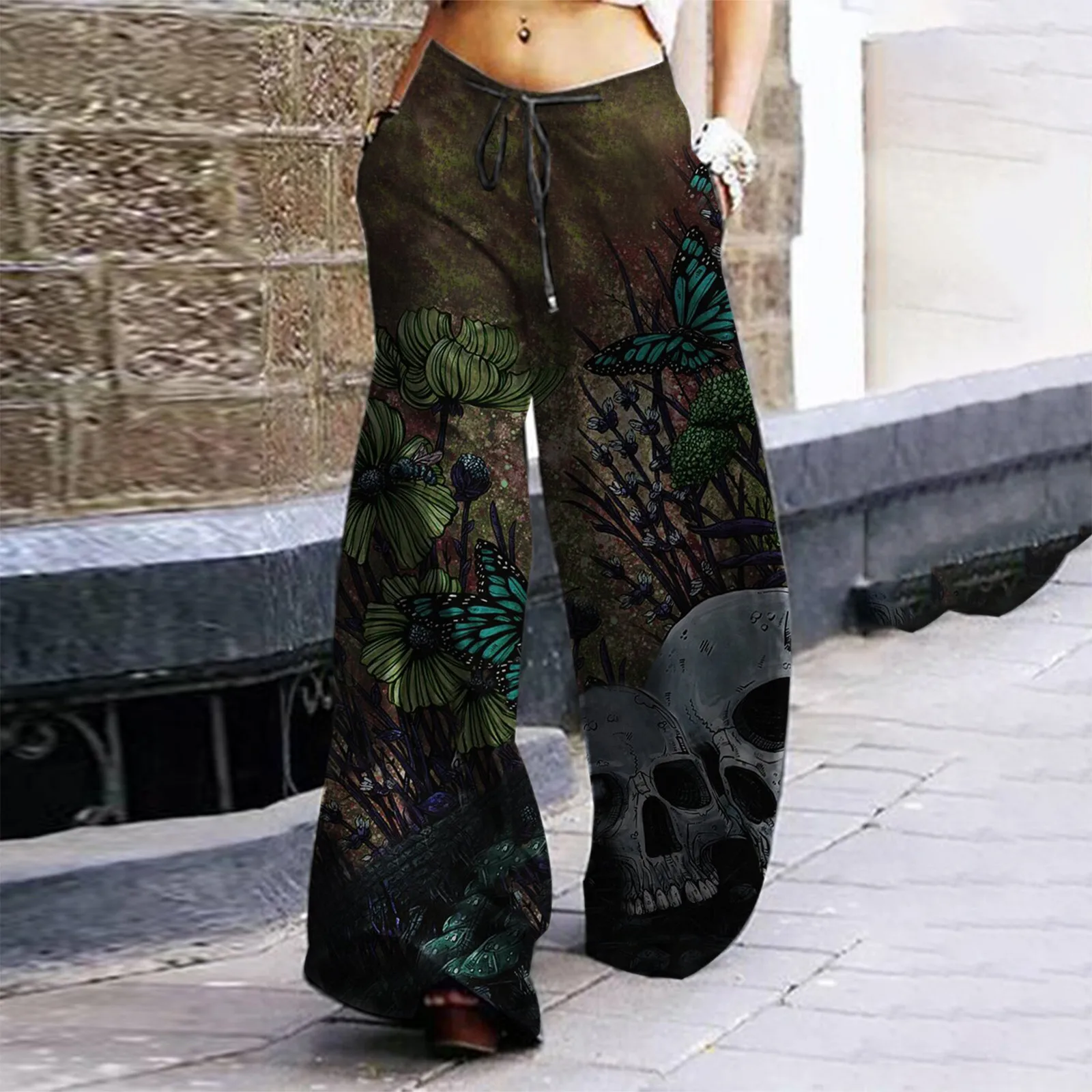 Women's Vintage Halloween Printed Pants Female Casual Loose Skull Printing Comfort Trousers Ladies Elastic Band Wide Leg Pants 2