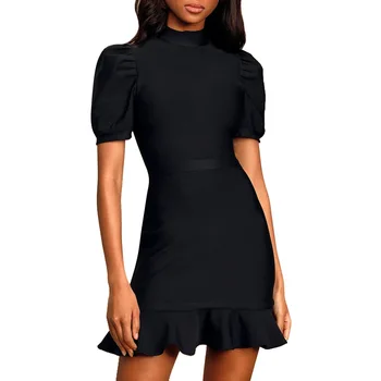 

Summer Elegant Ladies Dresses Women Formal Short Sleeve Turtleneck Bodycon Dresses Black Ruffle Mini Dress