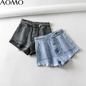 

AOMO women summer denim shorts zipper high waist pockets casual streetwear ladies short jeans pantalone 2A04A