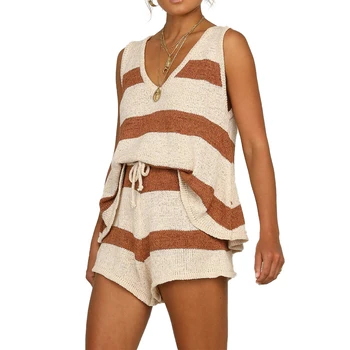 

Women's Casual Two Piece Outfits, Summer Sleeveless V Neck Knit Vest Tops with High Waist Beach Shorts Sets