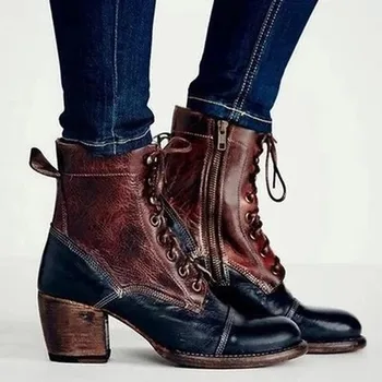 

Ankle Women Boots Big Size high heels Boots Warm lace up Booties gladiator vintage PU leather Shoe Ladies botas mujer HP2543