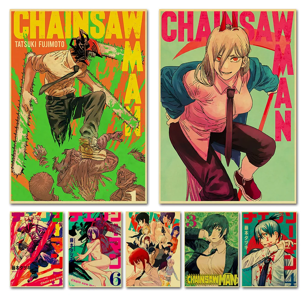 Vintage Chainsaw Man Poster Comics Retro Art Painting UV Paper Japanese