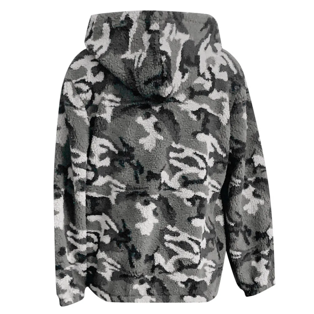 Флисовое пальто из искусственного меха для женщин зимняя камуфляжная меховая куртка женская карманы молния открытый спереди плюшевое повседневное пальто Тедди верхняя одежда