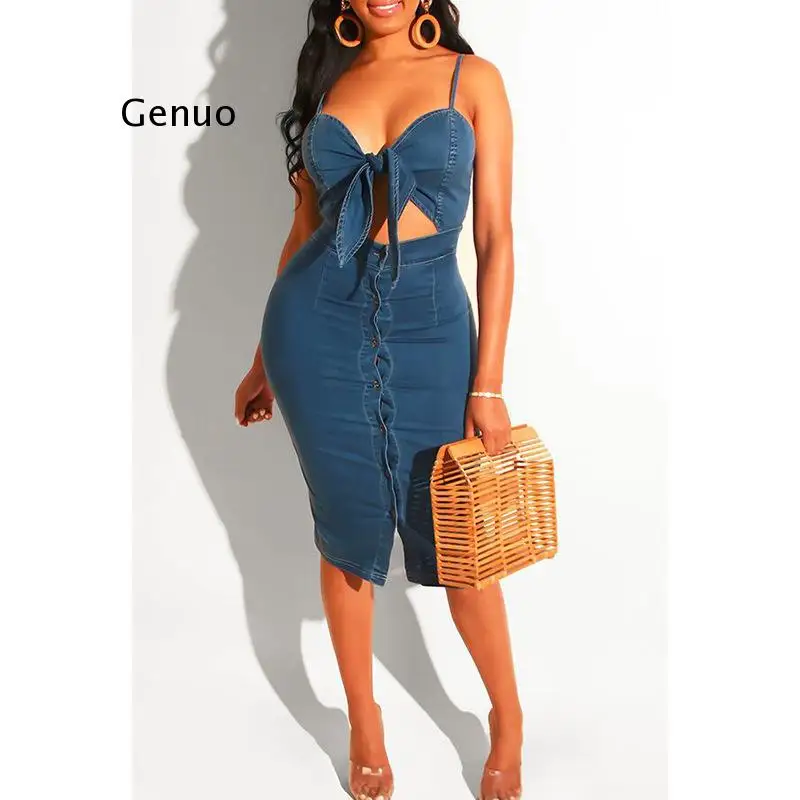 

Sexy Denim Women Dress Fashion Solid Backless Bandage Hollow Out with Button Knee Length Spandex Spaghetti Strap Dress