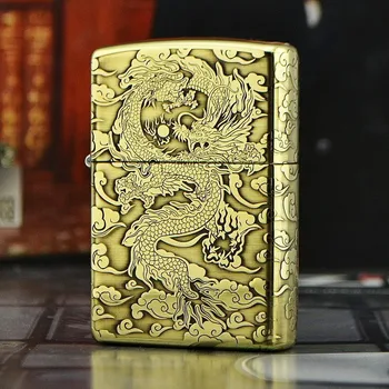 

100% Original Brand New ZP Lighter brass carving Dragon Play Ball oil Lighter with logo box gift for men