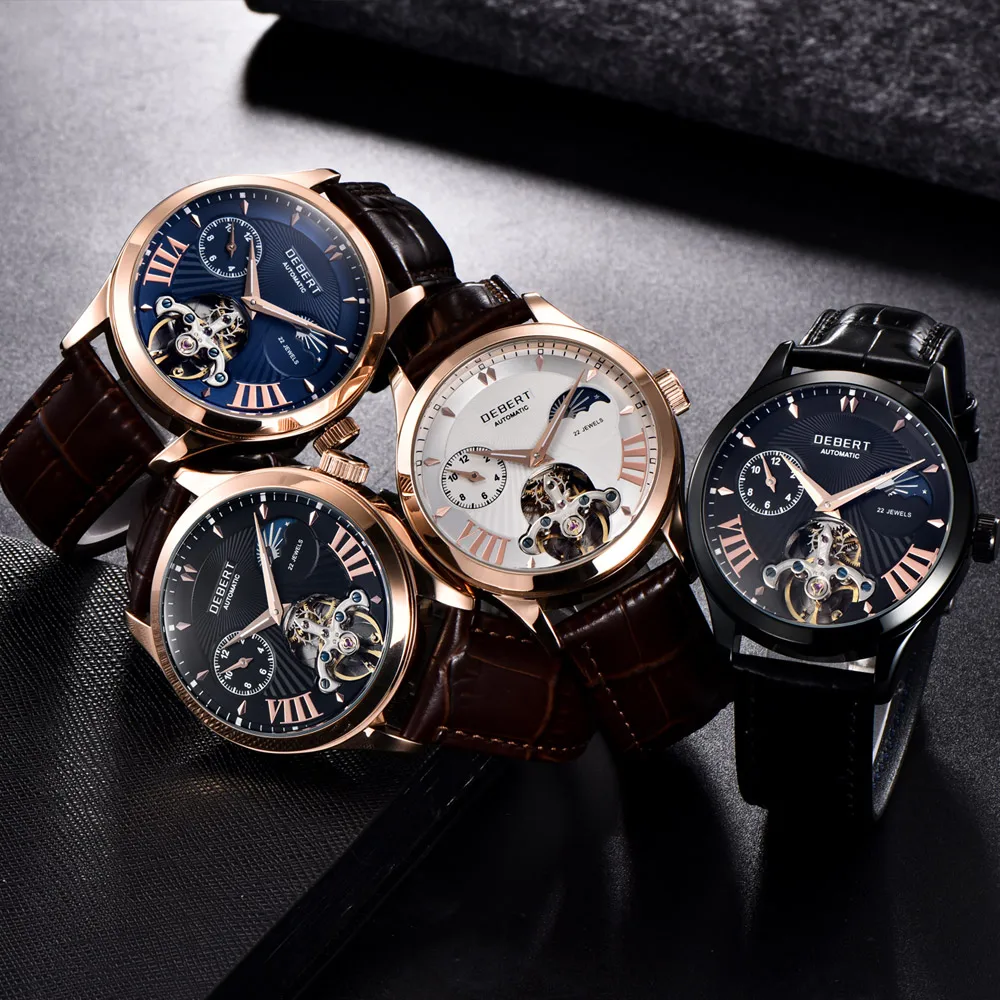 Deber 40 мм часы для мужчин Топ люксовый бренд Мода Спорт Moon Phase часы автоматические механические наручные часы для мужчин кожаный ремешок