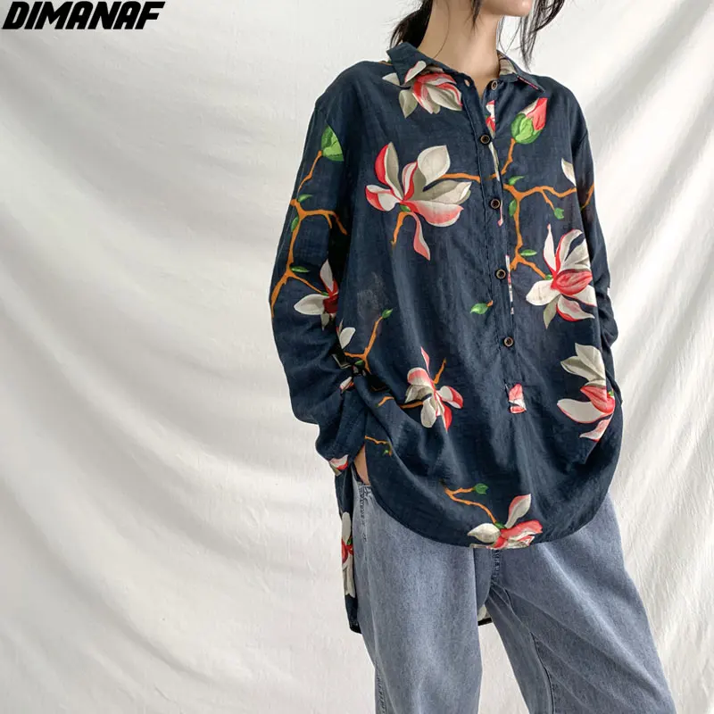 

DIMANAF 2020 Plus Size Women Blouse Linen Red Floral Print Casual Style Vintage Long Sleeve Autumn New Big Size Women's Blouse