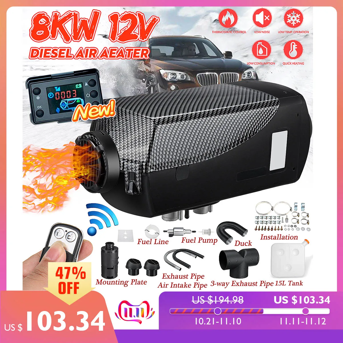 Meilleur Réchauffeur de voiture 8KW 12V 24V Air Diesel chauffage 2 sortie d air LCD moniteur + 15L réservoir télécommande pour RV bateaux remorque camion camping Car