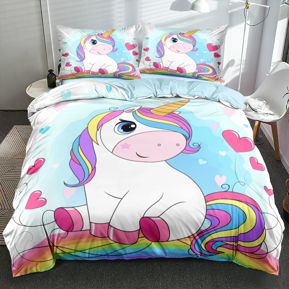 

Duvet Cover Set Blue Cartoon 3D Bed Linen Set Lovely Unicorn Double Single Twin Quilt/Comforter Covers Comfortable Bedding Sets