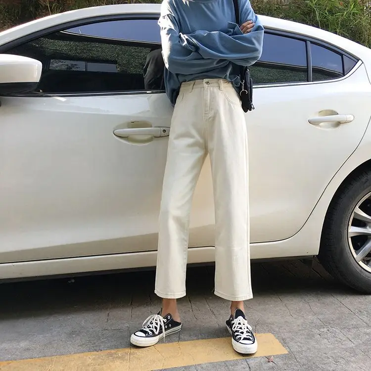 High Waist Jeans Women Black Solid Simple All Match Novelty Womens Korean Fashion Streetwear Trousers Females Ankle-length Soft
