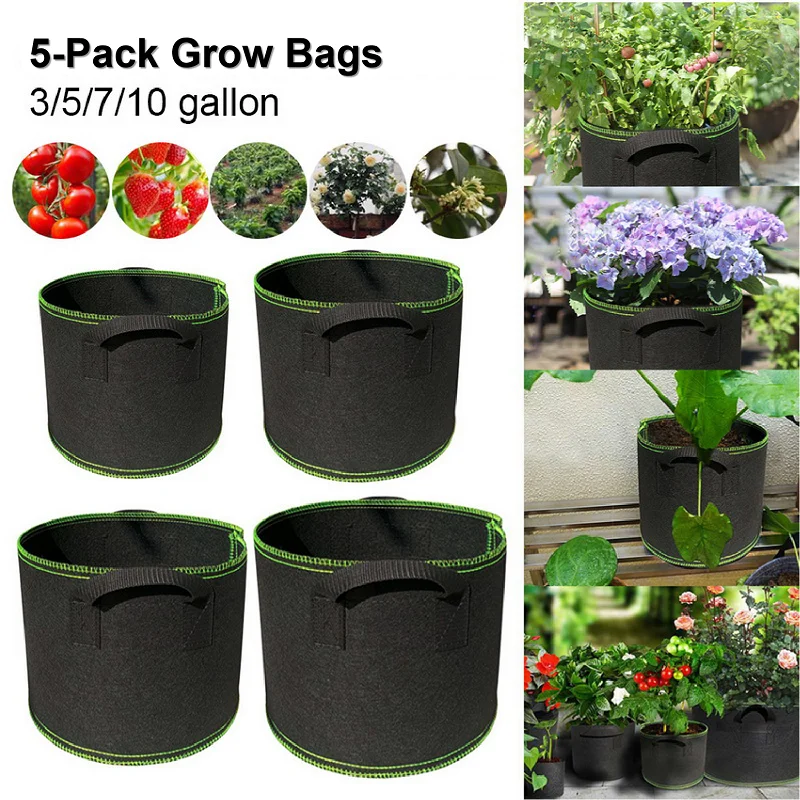 

5Pcs Breathable Aeration Fabric Pots with Handles Planting Container Vegetable/Flower/Plant Grow Nursery Bags Pot 3/5/7gallon