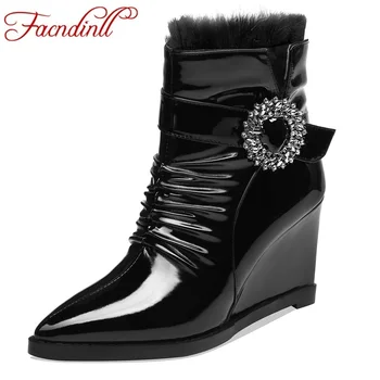 

FACNDINLL patent leather women black ankle boots motorcycle boots female autumn winter warm shoes woman punk wedges riding boots