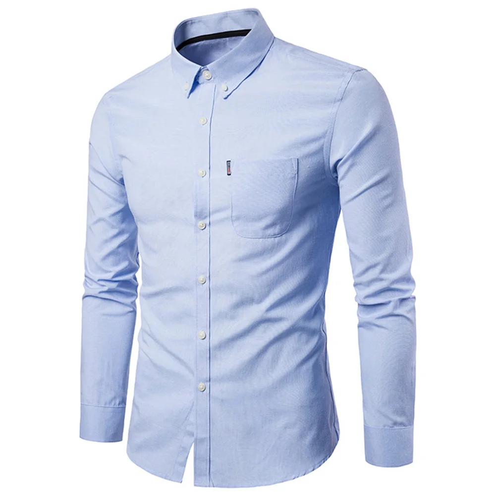 Весенняя официальная рубашка с длинным рукавом для мужчин, однотонная тонкая Базовая рубашка с отложным воротником, деловая одежда, рубашки, мужская рубашка - Цвет: Небесно-голубой
