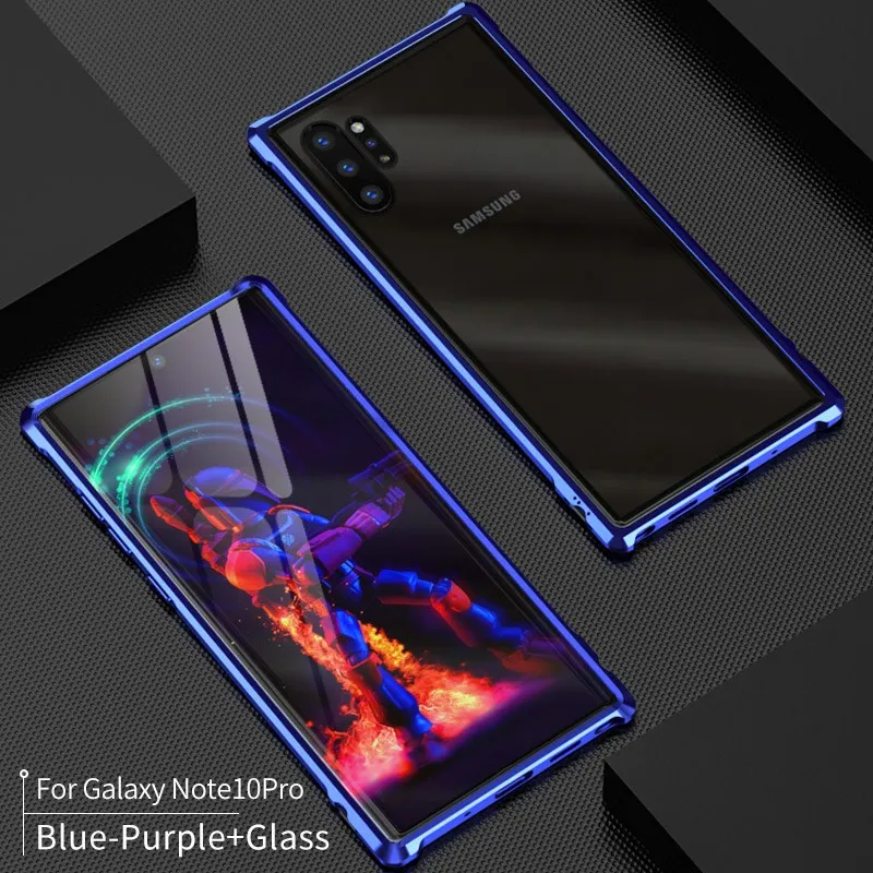 Броня металлический бампер чехол для samsung Galaxy Note 10 10 Plus Чехол 9H закаленное стекло твердая задняя крышка для samsung Note 10 Plus Coque - Цвет: Blue