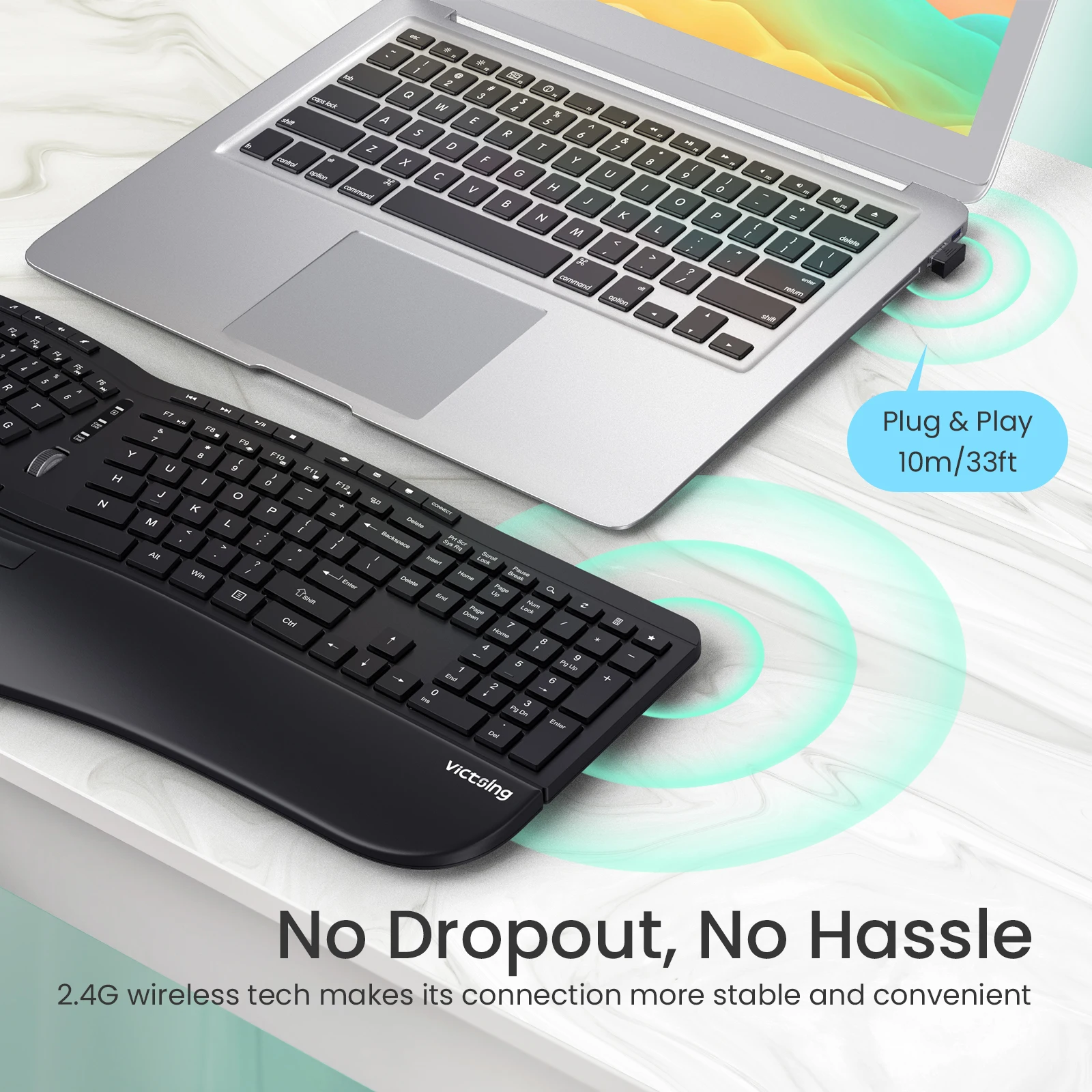 VicTsing PC325 Wireless Ergonomic Keyboard with Trackball and Scroll W Eaiser