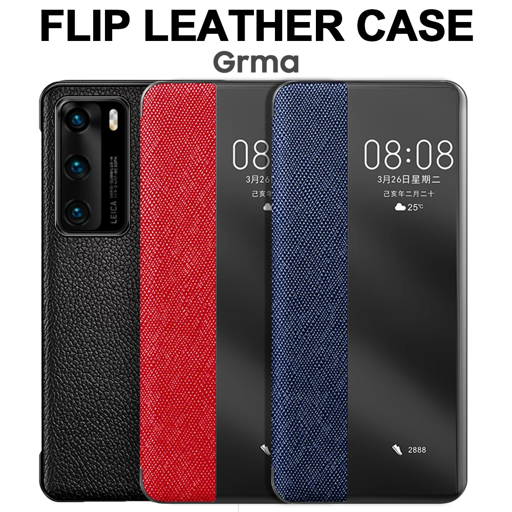 Original Genuine Leather Flip Cover for Huawei P40 Pro Plus Case Mirror Smart Touch View Windows for Huawei P30 P20 Pro Case
