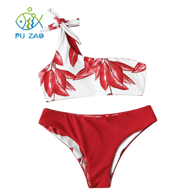 

Bikini Ladies Double-sided Printing Split One-shoulder Swimsuit Set Tube Top Brazilian Bathing Suit Push-up Swimsuit Bathing