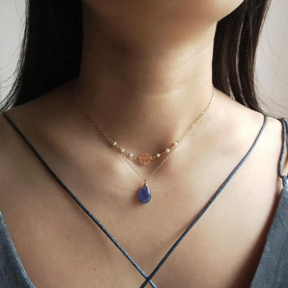 Lii Ji Genuine Tanzanite Pearl Muliti Layered Choker Necklace US 9K GF S925 Sterling Silver For Women Pendant Delicate | Украшения и