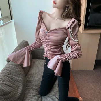 

V Neck Women's Satin Blouses Femme Sexy Deep V Neck Satin Tops Shirts