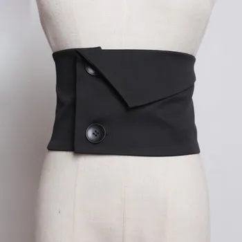 

LANMREM 2020 New Fashion Double Buckle Black Girdle For Women All-match Elastic Waist Cummerbunds Female Cloth Accessories YG420