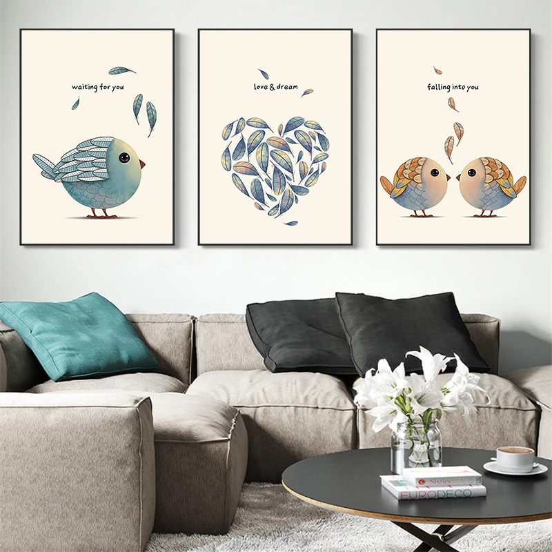 Мультфильм перо сердце птица любовь холст картина настенные художественные