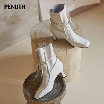 

2020 PENUTA High Heel Ankle Boots Lace Up Retro Vintage Boots Women Genuine Leather Ladies Short Booties Shoes Black Beige D0057