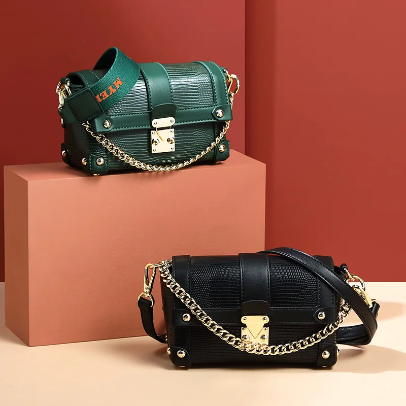 

2019 New Simple Retro One-shoulder Small Square Bag Chain Casual Slung Box-shaped Bag Fashion Double Shoulder Strap PU Handbag