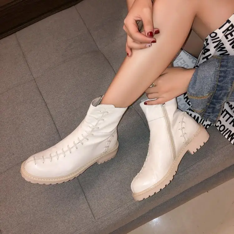 

Runway Black Red White Leather Winter Boots Women Round Toe Chunky Heels Zapatos De Mujer Chic Sewing T-tied Womens Shoes Zip