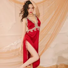 4 цвета, летняя кружевная ночная рубашка, комплект, сексуальный прозрачный шелк, глубокий v-образный вырез, длинная секция, открытая спина, Женское ночное белье, наборы